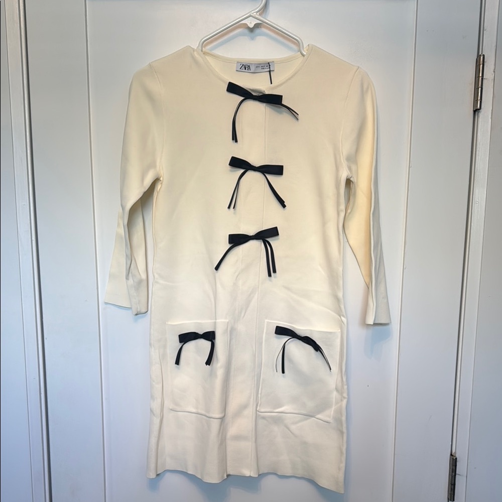 Zara Cream Long Sleeve Sweater Dress with Black Bow Details